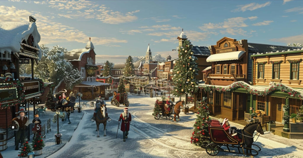 Charming Victorian Christmas Town Scene Wallpaper with Festive Decor