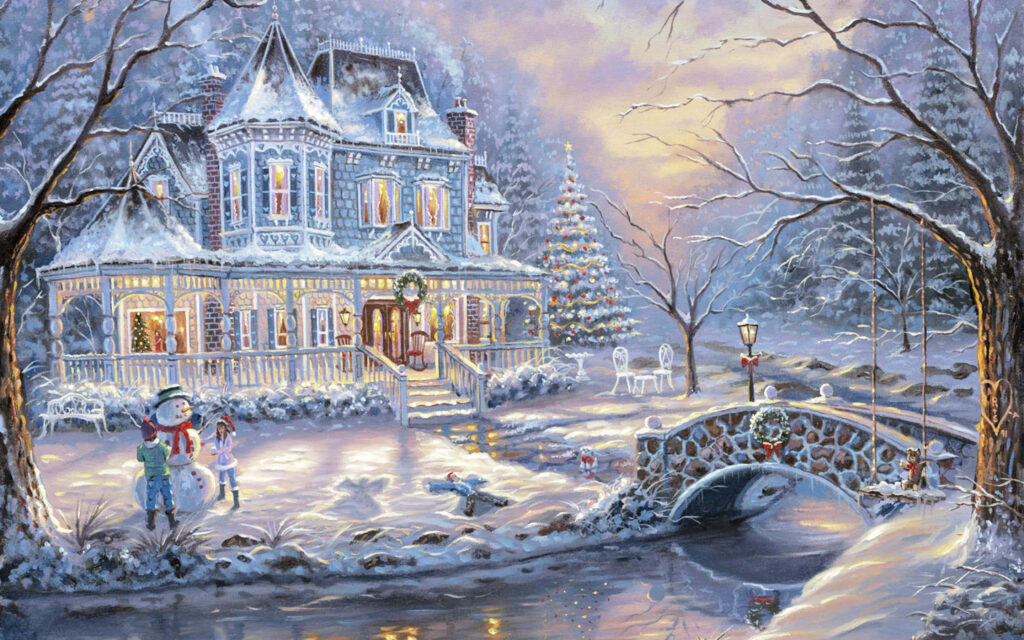 Charming Winter Scene: Victorian House & Snowy Christmas Magic Wallpaper