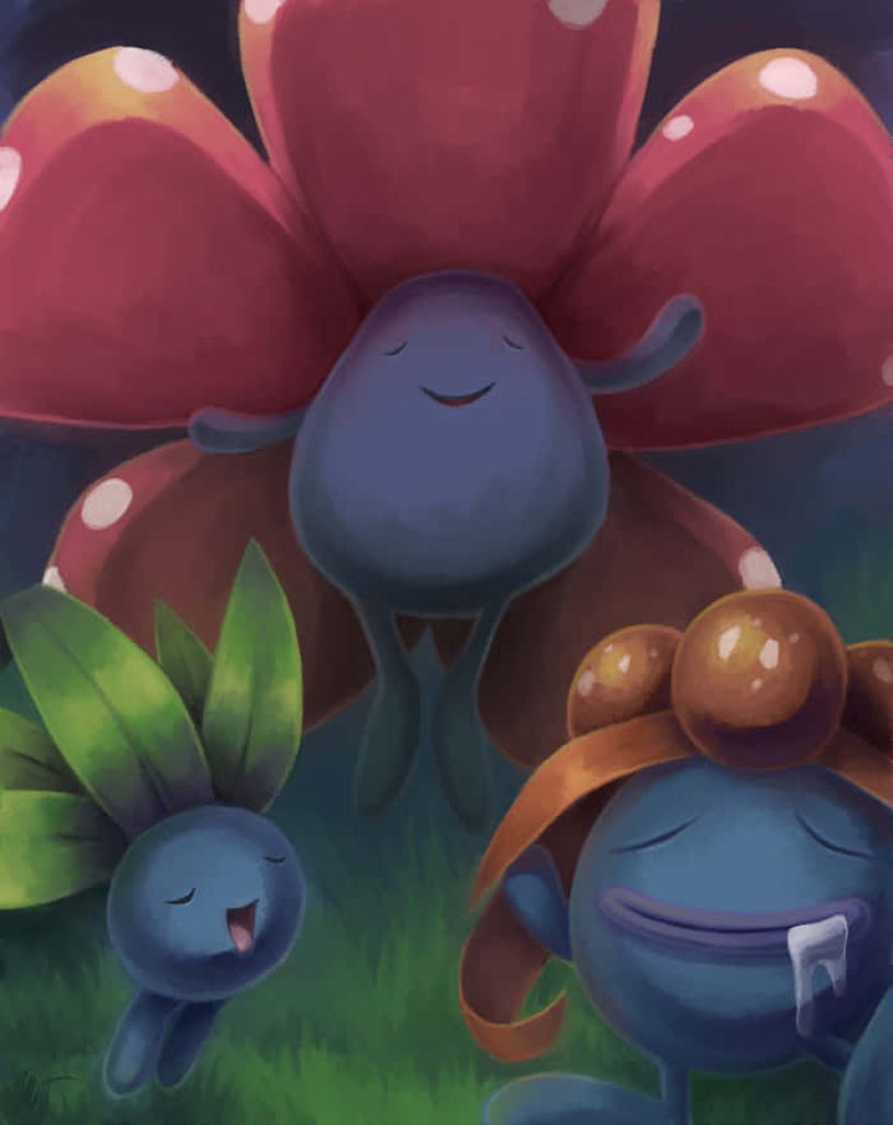 Whimsical digital art of Oddish Gloom and Vileplume in a peaceful forest background wallpaper
