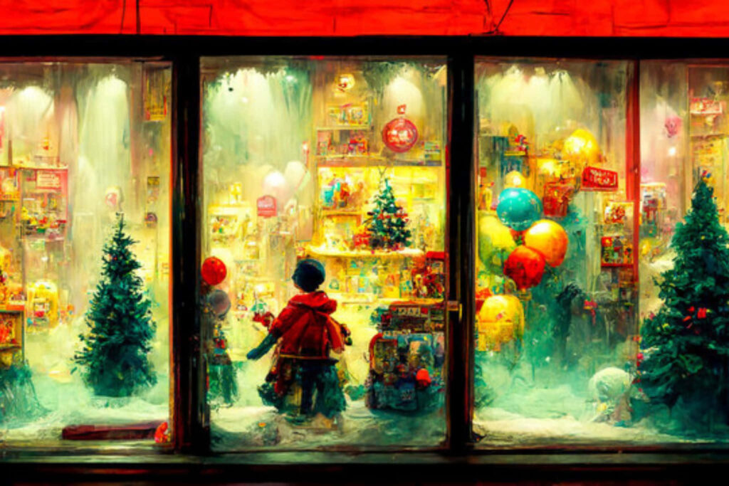 Child Gazes Through Vintage Festive Window with Christmas Charm Wallpaper