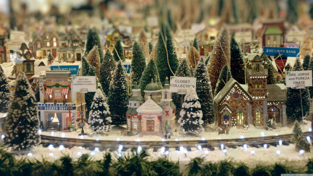 Charming Vintage Christmas Village Wallpaper with Model Railroad