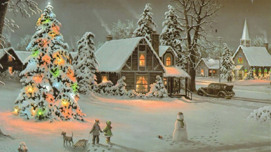 Vintage Christmas Wallpaper: Nostalgic Snowy Village Scene