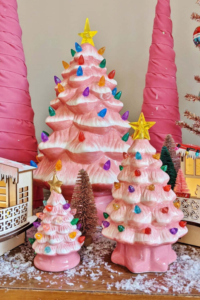 Charming Vintage Pink Ceramic Christmas Trees Holiday Wallpaper