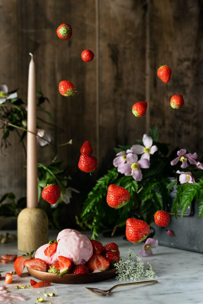 Delightful Pink Ice Cream Wallpaper with Fresh Berries & Flowers