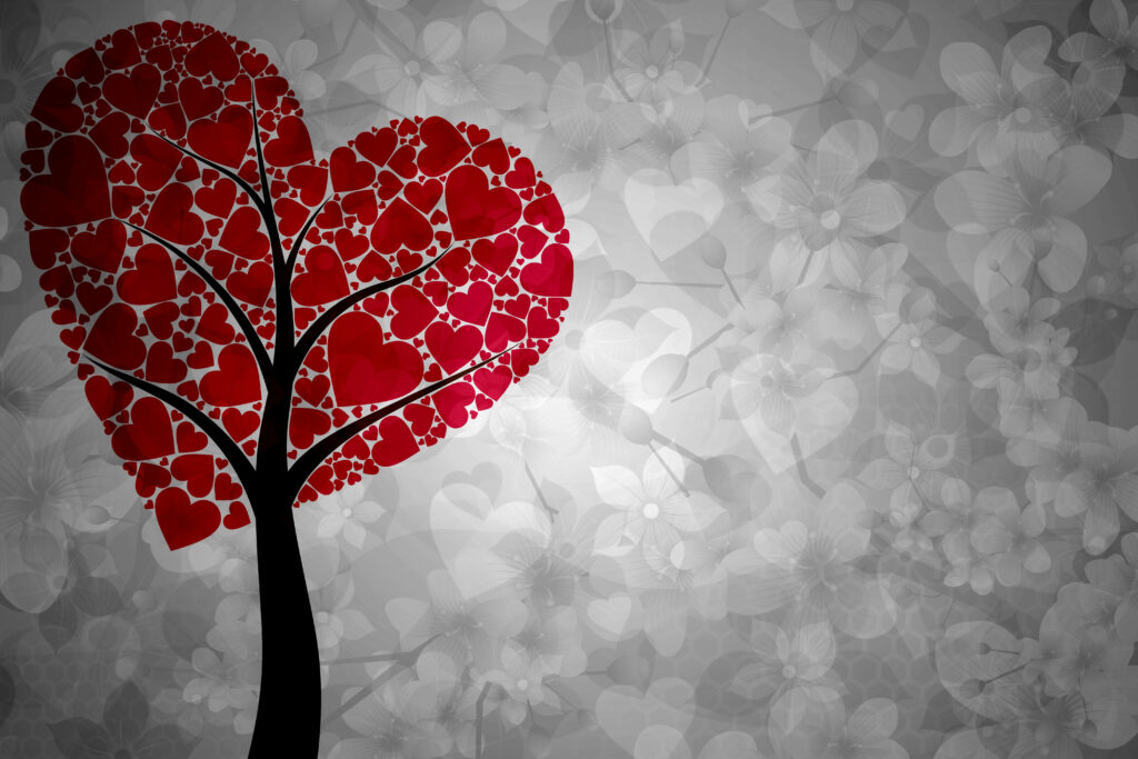Charming Red Heart Tree Wallpaper on Soft Gray Floral Background