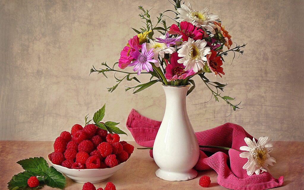 Charming Floral Wallpaper with White Vase & Raspberries Background