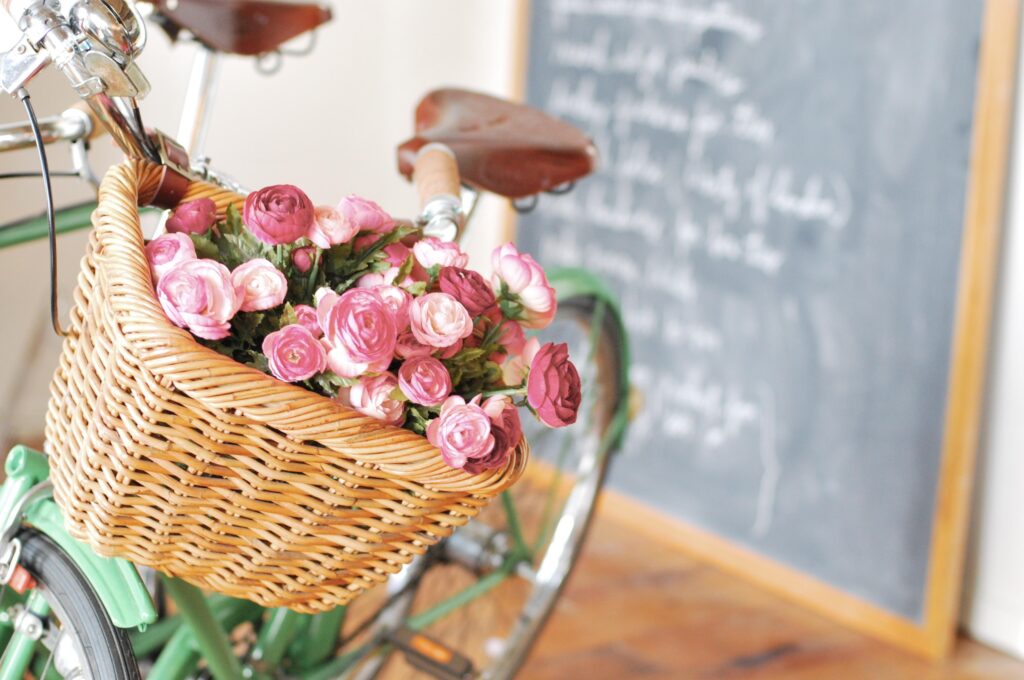 Whimsical Bicycle with Ranunculus Basket & Rustic Chalkboard Decor Wallpaper