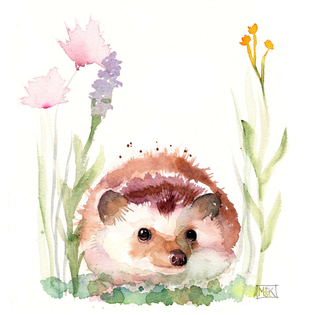 Charming Hedgehog Watercolor Wallpaper with Pastel Flowers
