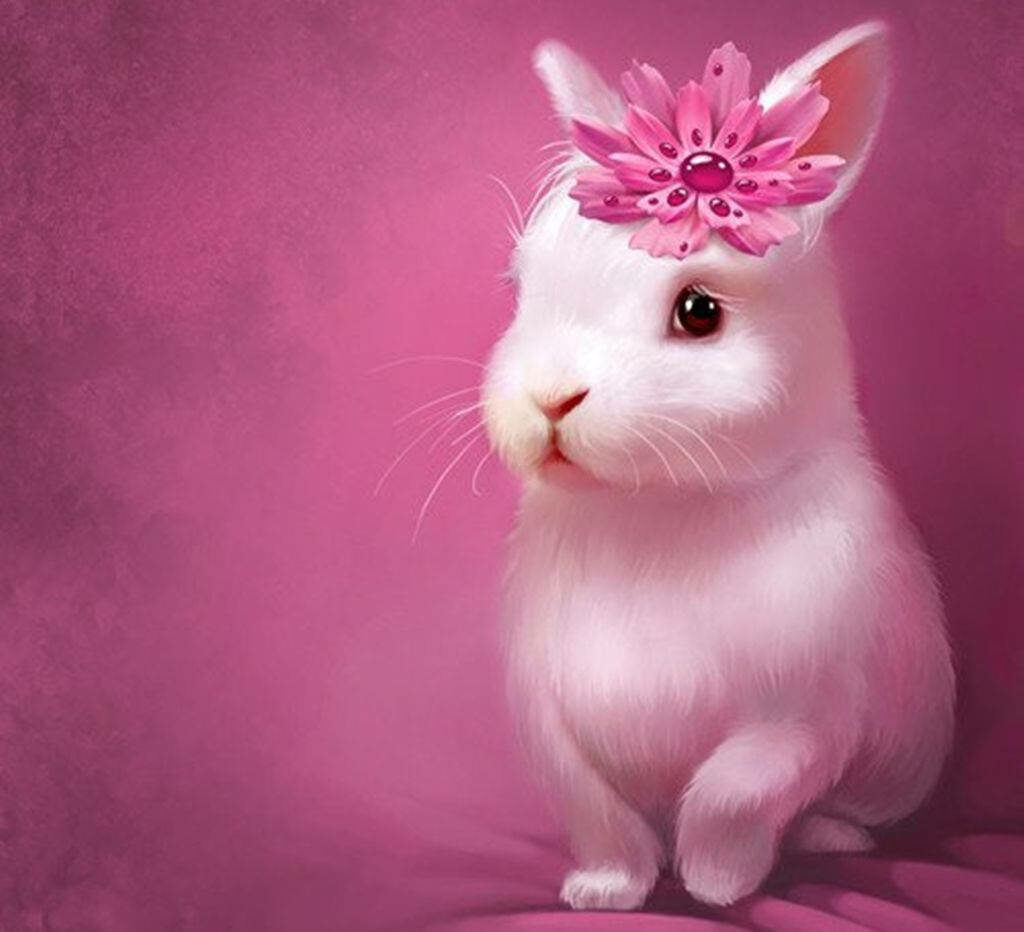 White bunny with pink flower on head against soft pink background cheerful spring wallpaper