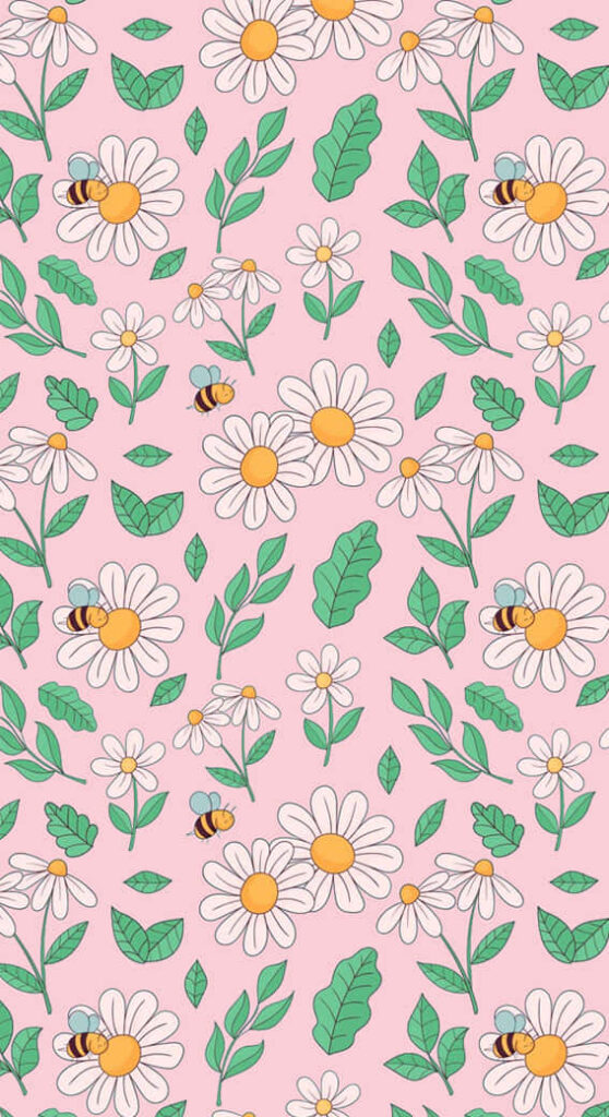 Charming White Daisy Wallpaper with Bees on Soft Pink Background