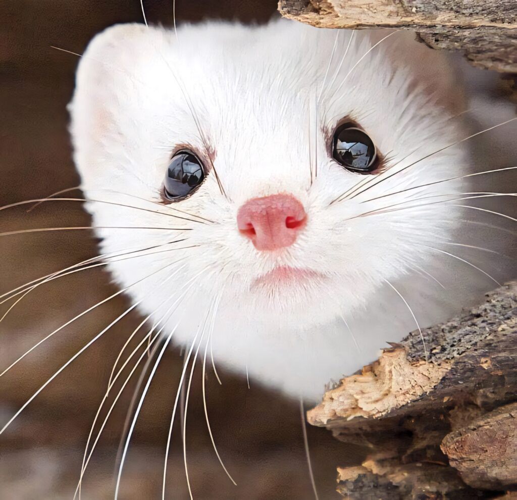 Charming White Mink Close-Up Among Wooden Logs - Serene Wallpaper
