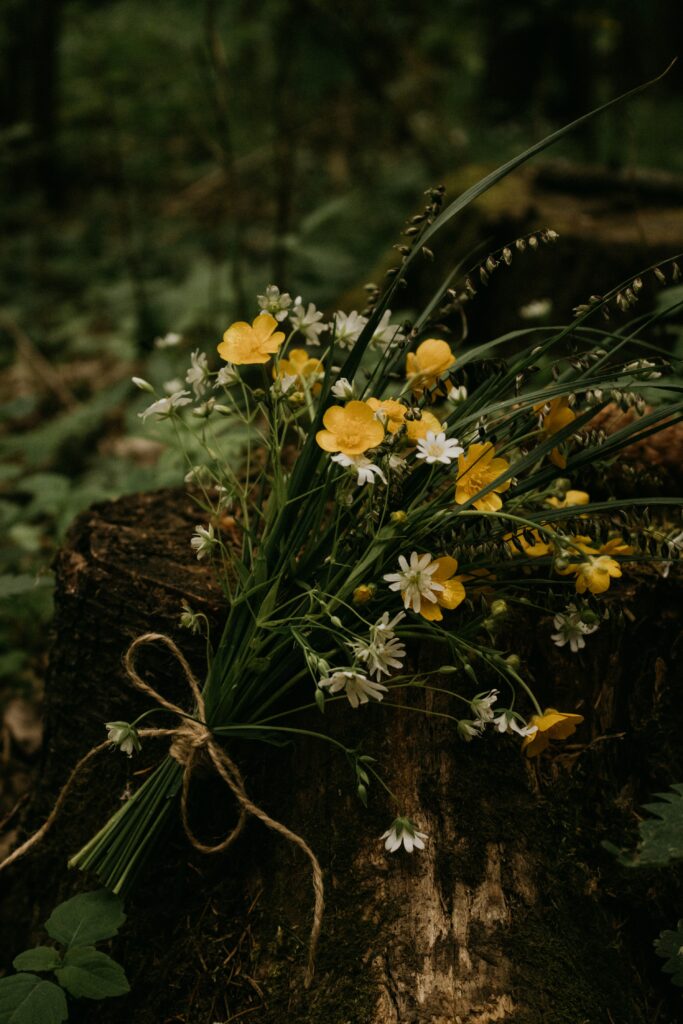 Charming Wildflower Bouquet Wallpaper with Rustic Forest Background