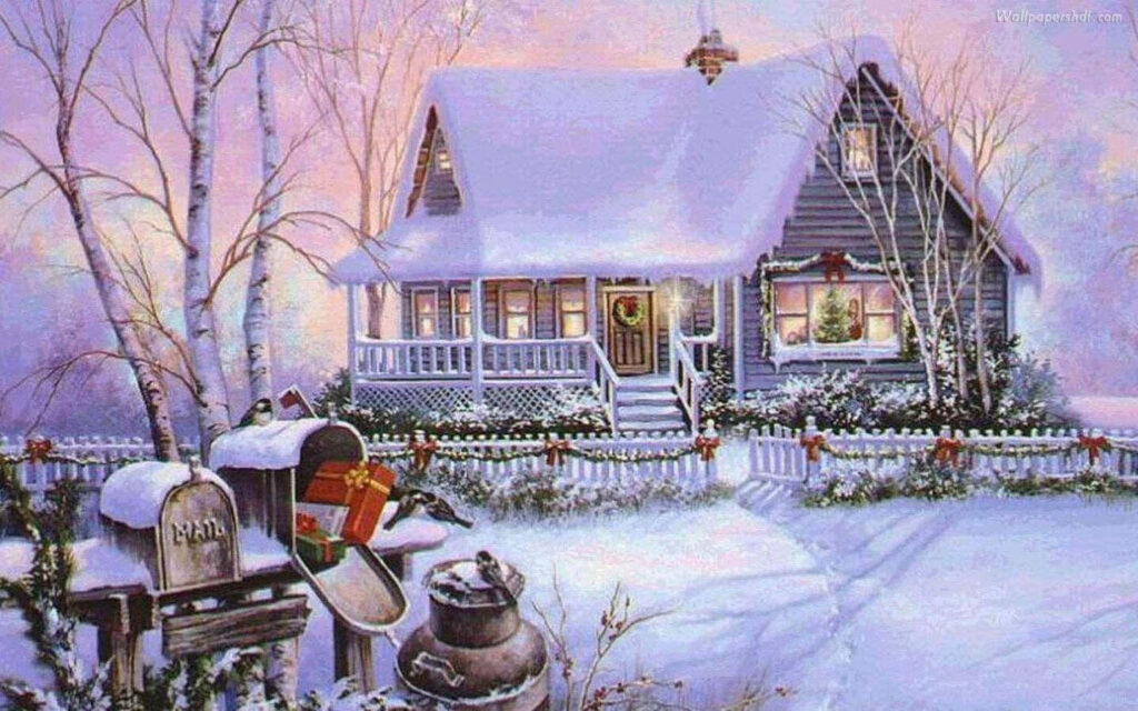 Cozy Snow-Covered Cottage: A Charming Festive Winter Scene Wallpaper
