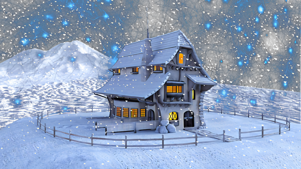 Charming Winter Cottage Under Starry Sky: A Magical Serene Scene Wallpaper