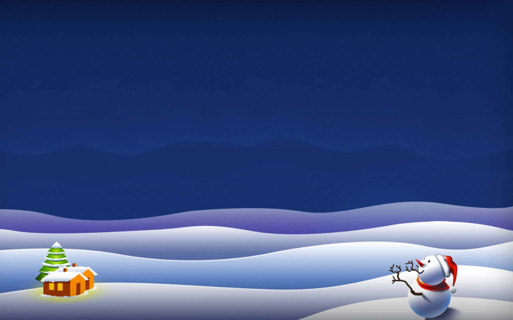 Charming Winter Scene: Cute Cartoon Snowman & Cozy Holiday Cottage Wallpaper