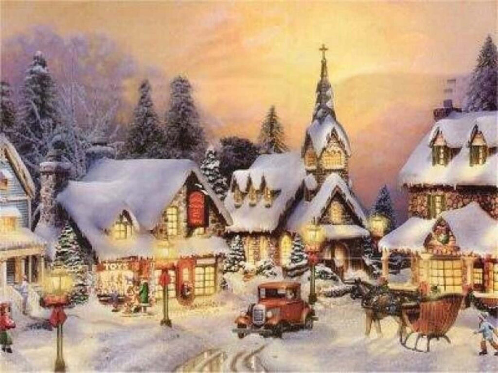 Charming Christmas Village: Snowy Rooftops & Twinkling Lights Wallpaper
