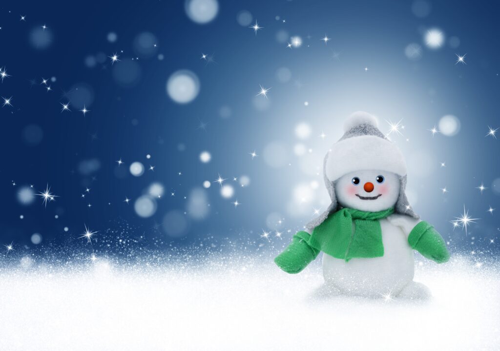 Cheerful Snowman Winter Wallpaper: Festive Snowflakes & Bokeh