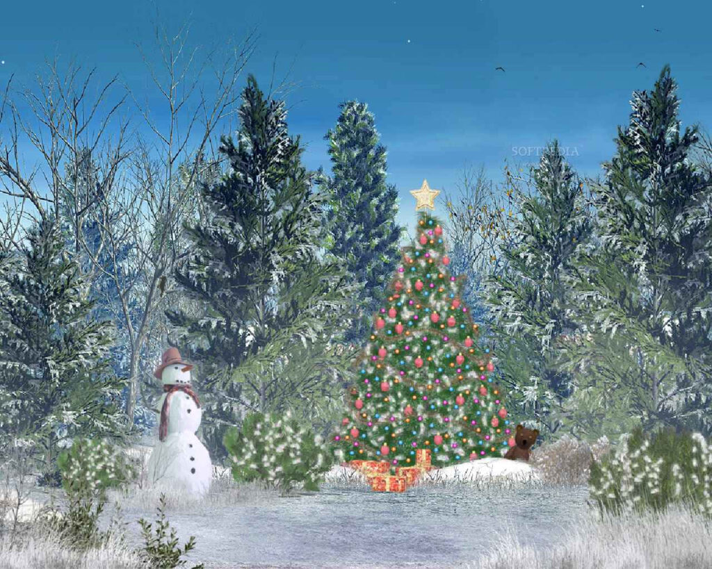 Charming Winter Scene: Christmas Tree, Snowman, and Wildlife Bliss Wallpaper