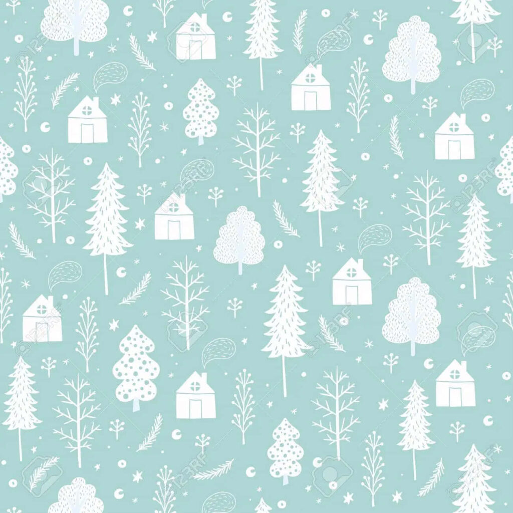 Cozy Winter Scene Wallpaper: Charming Houses & Trees on Light Green