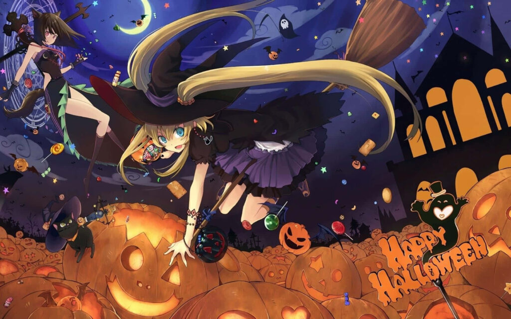 Enchanting Halloween Anime Wallpaper: Witch, Jack-o'-Lanterns & Magic