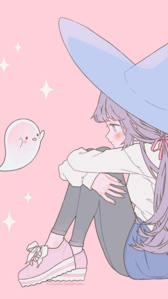 Charming Witch Girl & Ghost Wallpaper: Whimsical Pastel Aesthetic