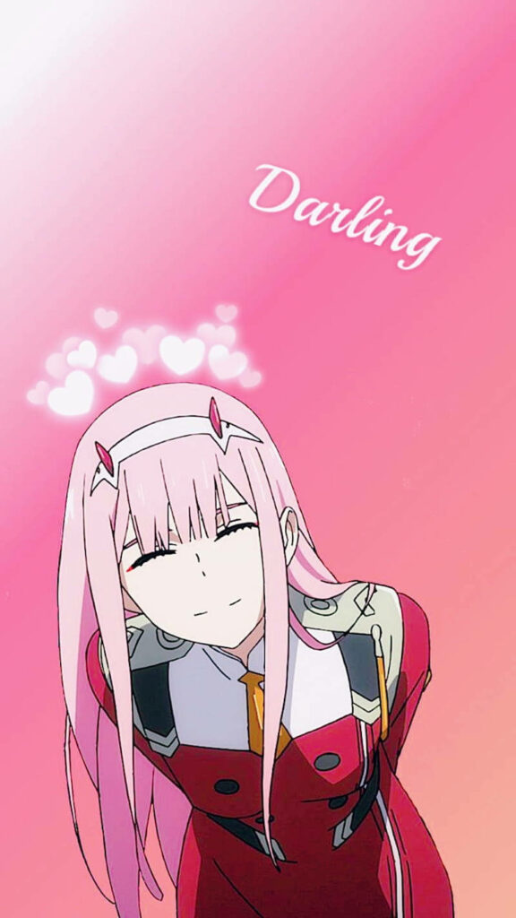 Charming Zero Two Phone Wallpaper with Pink Background & Hearts