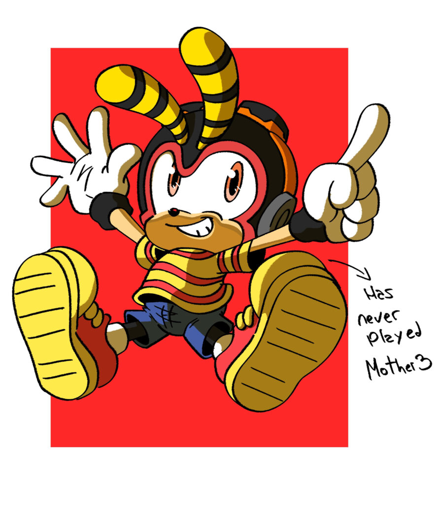 Charmy Bee dynamic pose on bold red wallpaper vibrant cartoon character energetic motion