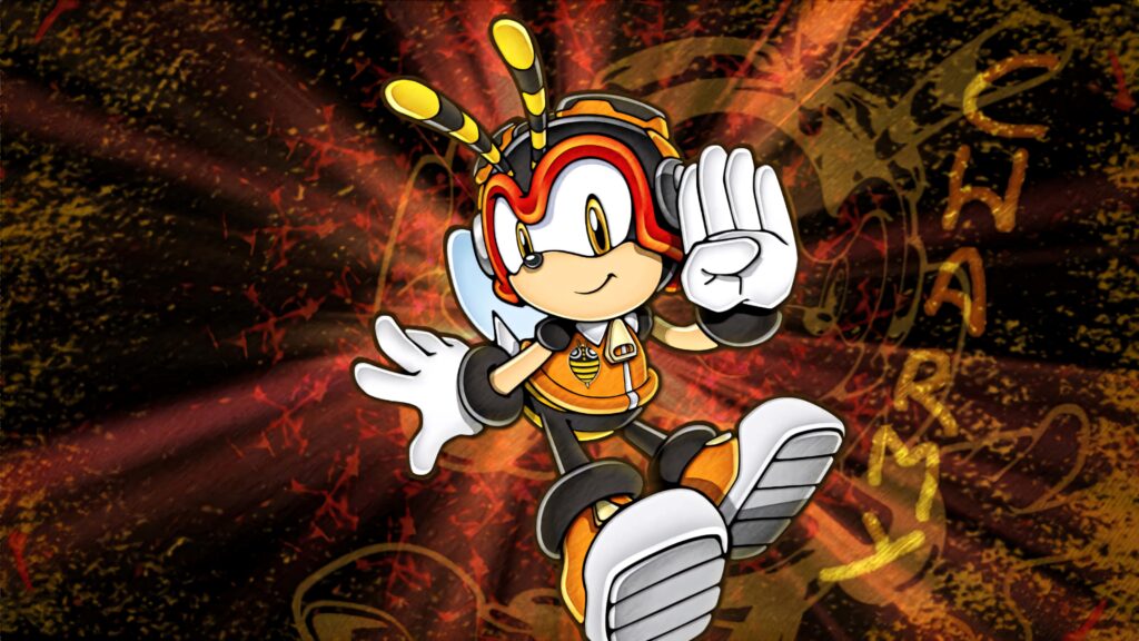 Charmy Bee flying energetically through fiery red and orange sky comic style wallpaper background