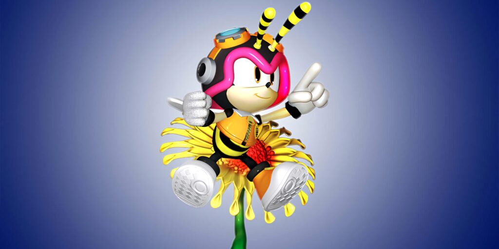 Charmy Bee from Sonic joyfully flying over bright yellow flower vibrant 3D wallpaper background