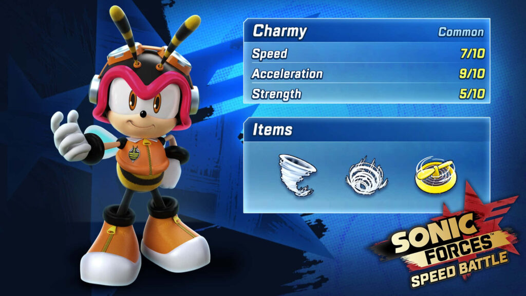 Charmy Bee in orange outfit playful pose Sonic Forces Speed Battle vibrant blue background wallpaper