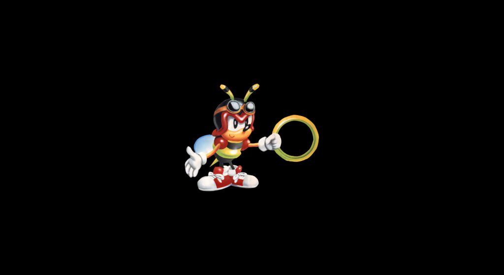 Charmy Bee from Sonic waving with golden ring bright colors cartoon on black wallpaper background