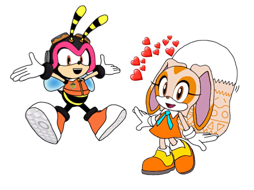 Charmy Bee and Cream the Rabbit Sonic wallpaper with bright colors and floating red hearts