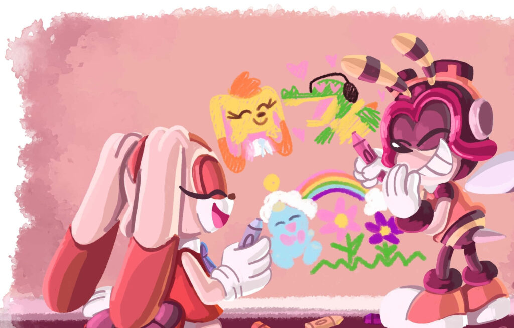 Charmy Bee and Cream the Rabbit drawing colorful Sonic the Hedgehog doodles on pastel wall Wallpaper