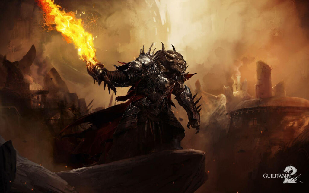 Charr Warrior with Flaming Torch in Epic Guild Wars 2 Wallpaper