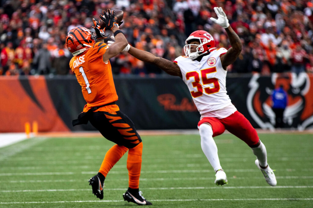 Charvarius Ward Kansas City Chiefs defends against Ja'Marr Chase Cincinnati Bengals NFL action Wallpaper