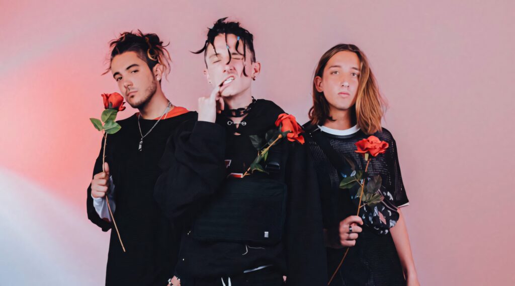Chase Atlantic band members holding red roses on pink background alternative style wallpaper