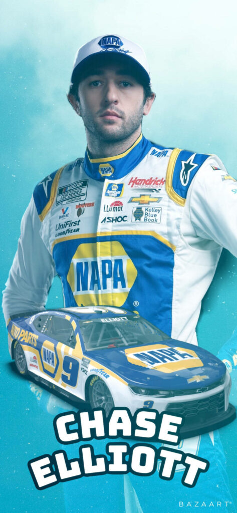 Chase Elliott in NAPA racing suit with vibrant blue yellow race car dynamic NASCAR wallpaper background
