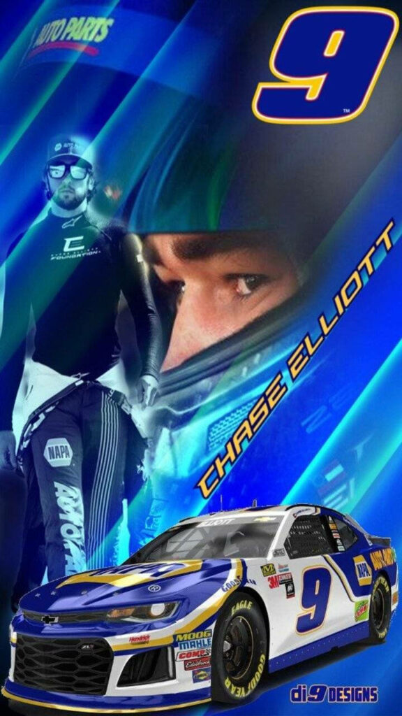 Chase Elliott intense focus racing No 9 NAPA Chevrolet vibrant blue yellow NASCAR wallpaper background