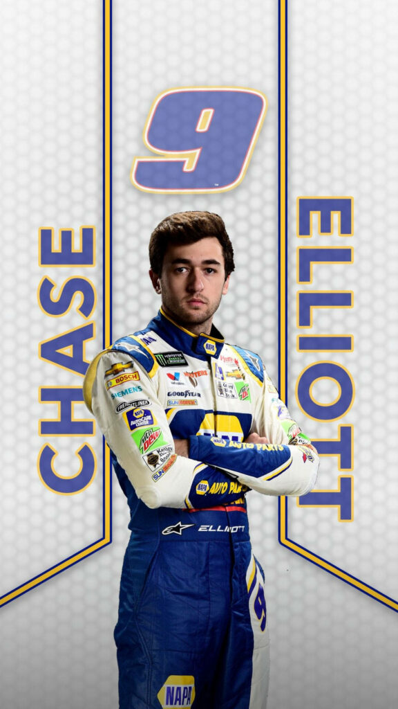 Chase Elliott NASCAR wallpaper with number 9 racing suit and bold blue yellow modern background