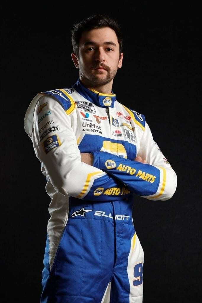 Chase Elliott NASCAR racing suit blue white yellow bold sponsor logos black background wallpaper