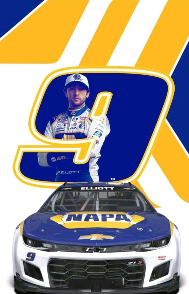 Chase Elliott NASCAR wallpaper with number 9 NAPA Chevrolet Camaro on blue yellow racing stripes