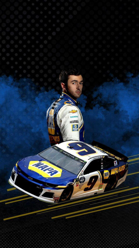 Chase Elliott NASCAR wallpaper with No 9 NAPA car blue black background yellow accents speed