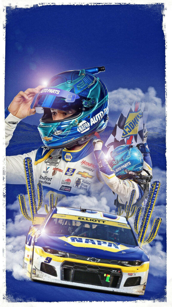 Chase Elliott wallpaper with No 9 NAPA car cactus desert bold blue yellow racing suit helmet