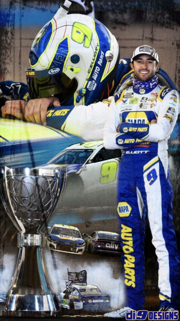Chase Elliott NASCAR wallpaper with number 9 trophy vibrant blue yellow background racing suit