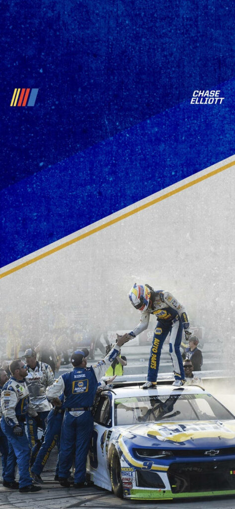 Chase Elliott celebrating on No 9 race car with pit crew blue yellow striped NASCAR wallpaper background