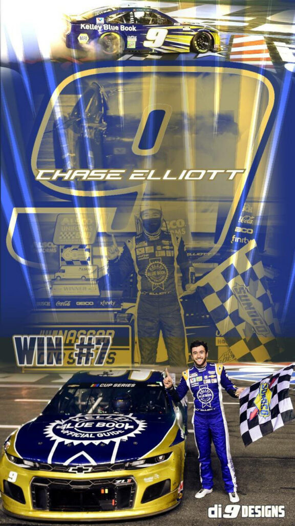 Chase Elliott NASCAR victory lane wallpaper with bold blue gold tones and dynamic racing action