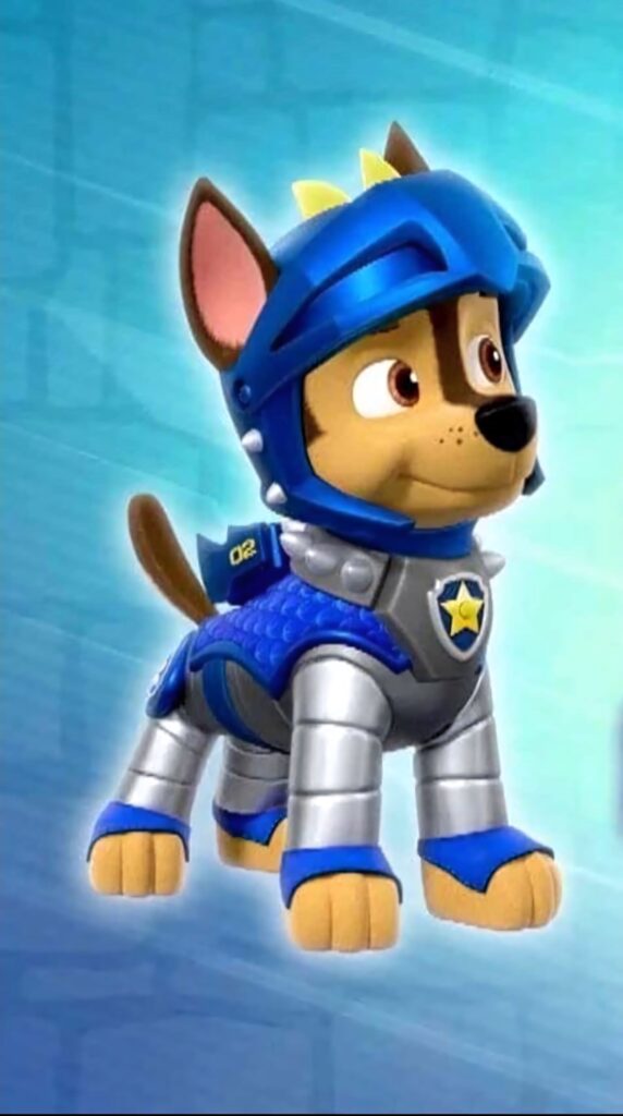 Chase from Paw Patrol in futuristic blue silver armor on dynamic blue background wallpaper