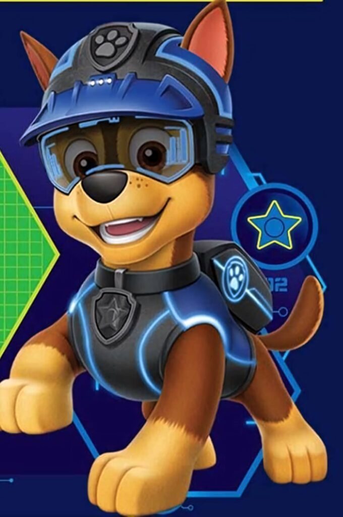 Chase Paw Patrol wallpaper in futuristic blue black uniform with glowing accents on digital background