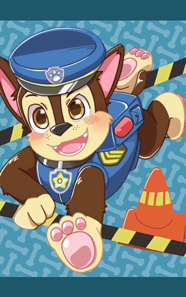 Chase Paw Patrol wallpaper leaping in police uniform on blue bone pattern background for kids