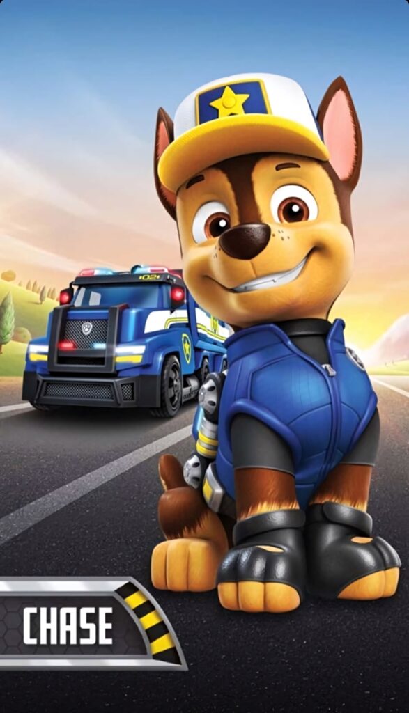 Chase from Paw Patrol in blue police uniform smiling by his vehicle on open road 3D wallpaper